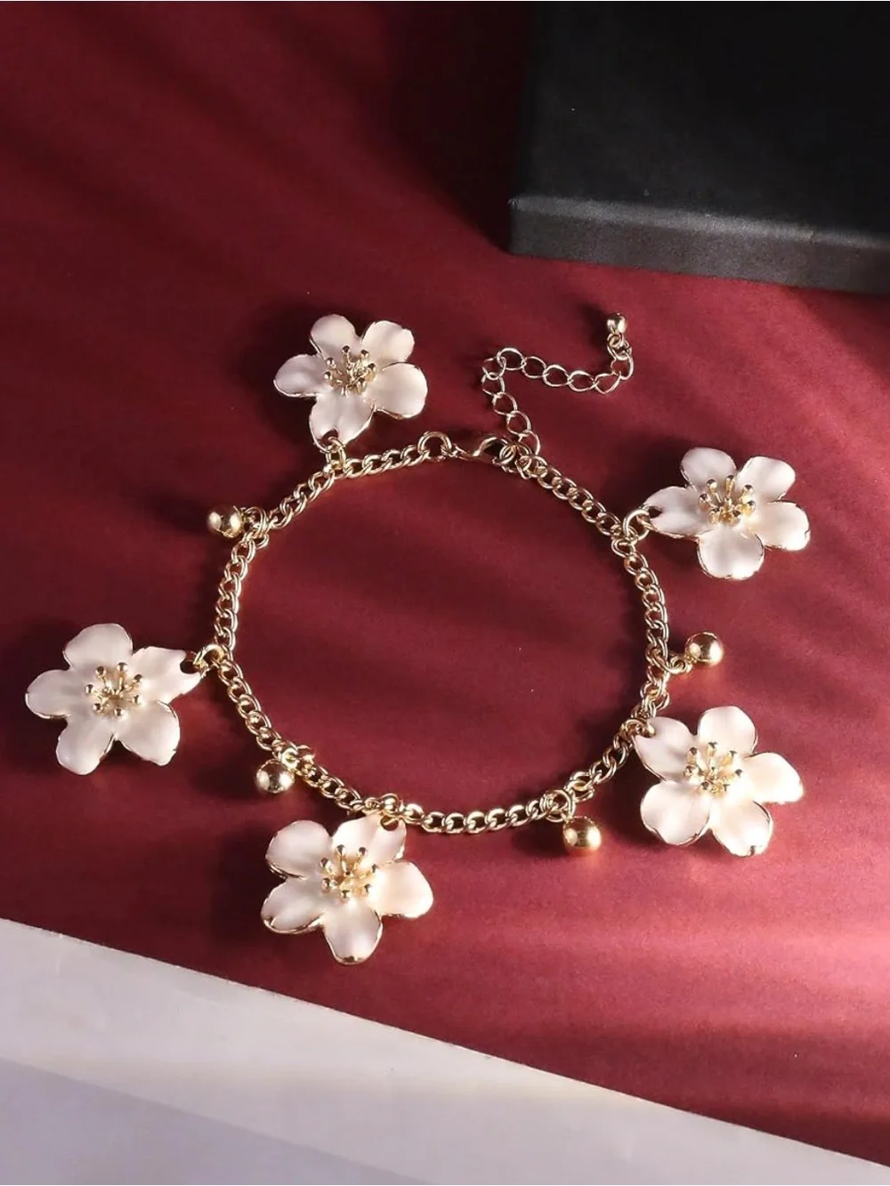 Anthropologie Gold Anklet with White Flower Charms